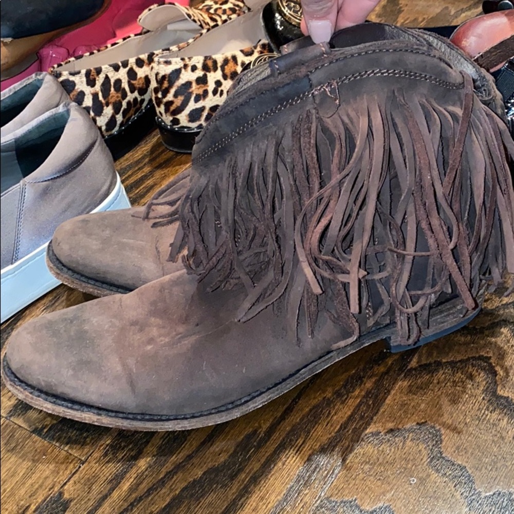 Brown fringe booties